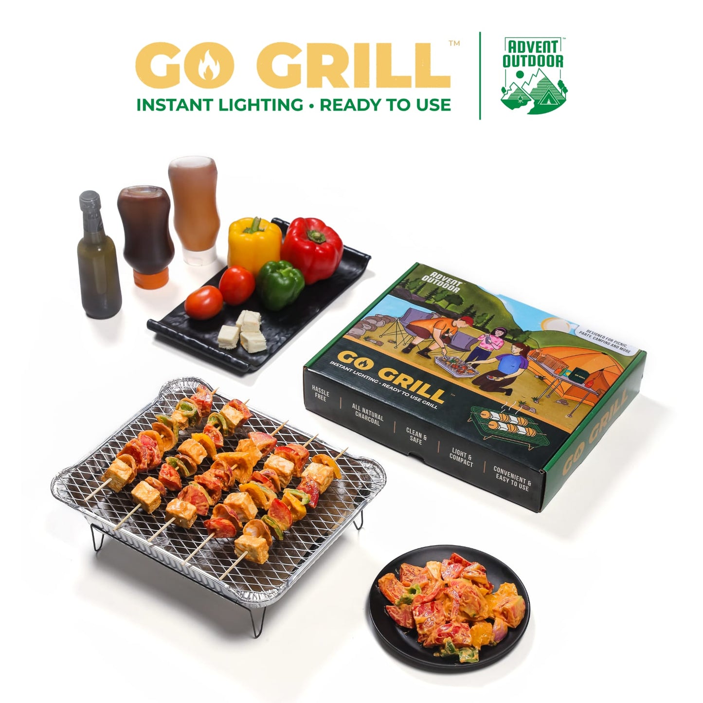 GO GRILL ™ | Barbeque (BBQ) Grill | Instant Lighting LumpWood Charcoal Included | FOOD SAFE Certified | Ready to Use | India's First | Portable & Disposable Barbecue Grill Set