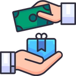 Illustration of a hand holding money and a smartphone with a book icon, symbolizing e-commerce or digital transactions.